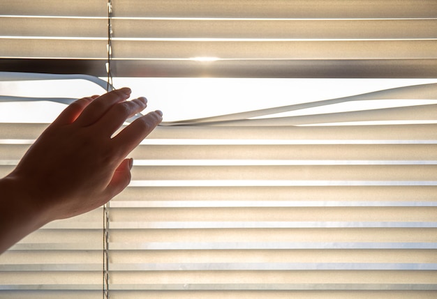 Mano de mujer tomando un pico a través de las persianas de la ventana