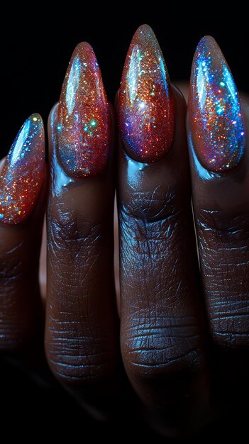 La mano de una mujer con uñas brillantes