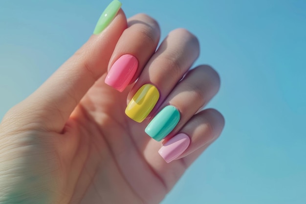 Una mano de mujer con uñas largas pintadas con diferentes colores de esmalte de uñas