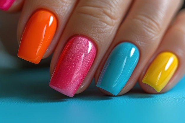 La mano de una mujer con uñas multicolores