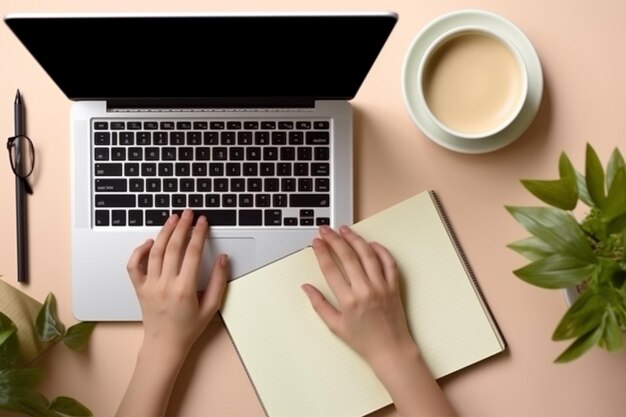 Mano de mujer con vista superior generativa AI usando una computadora portátil