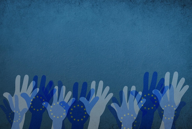 Foto la mano de la multitud bandera de la unión europea ciudadano de europa la gente vota en las elecciones protesta de la población