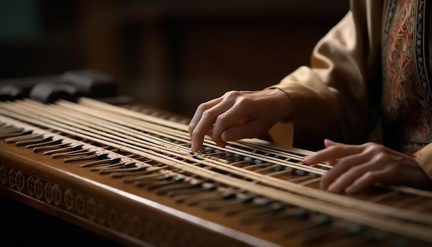 Foto la mano de un músico experto toca hábilmente un instrumento de madera generado por ia