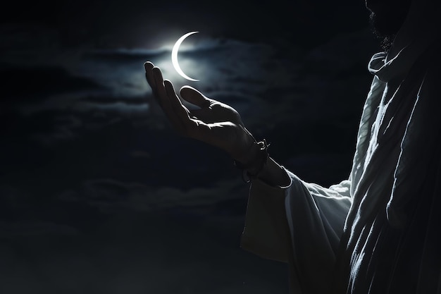 La mano musulmana bajo la luna por la noche orando