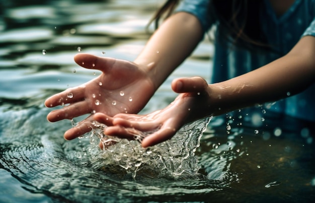 Mano de niña en el agua mientras alguien se toma de la mano para detener el agua