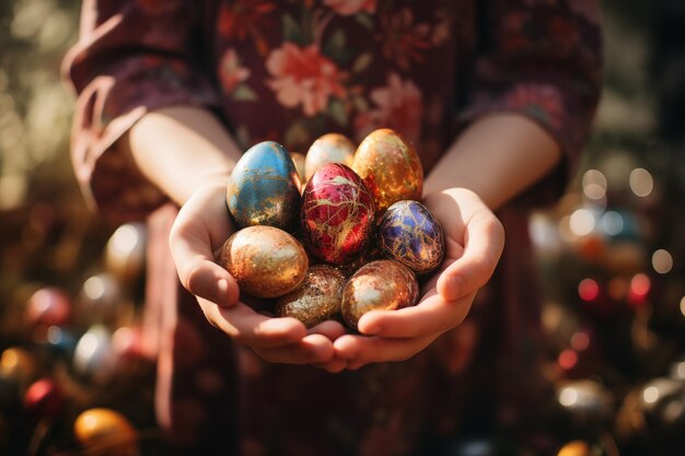 la mano de la niña sostiene colorido huevo de Pascua en el jardín con luz solar generativa Al