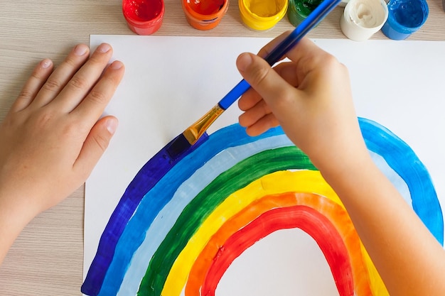 La mano del niño dibuja un arco iris sobre un fondo blanco.