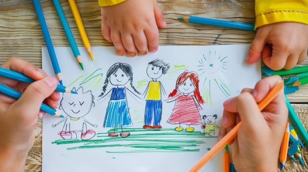 Foto la mano de un niño dibuja en papel blanco con lápices de colores un garabateo de mamá, papá y él mismo