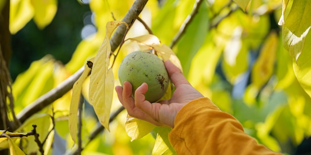 Foto mano de un niño recogiendo una fruta asimina madura