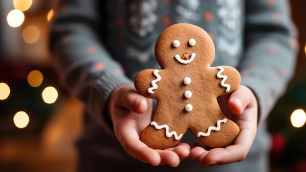 La mano del niño sosteniendo una galleta de jengibre recién horneada