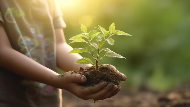 Mano de niño sosteniendo una planta con fondo natural de luz solar brillante