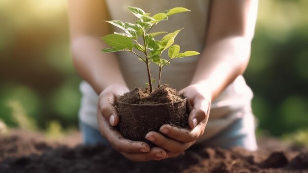 Mano de niño sosteniendo una planta con fondo natural de luz solar brillante