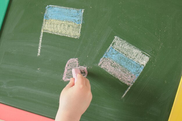 La mano del niño con tiza dibuja un corazón banderas ucranianas y rusas dibujadas con tiza en un tablero verde operaciones militares en el concepto de ucrania