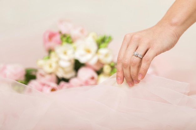 La mano de la novia con un anillo de bodas en el fondo de las flores.