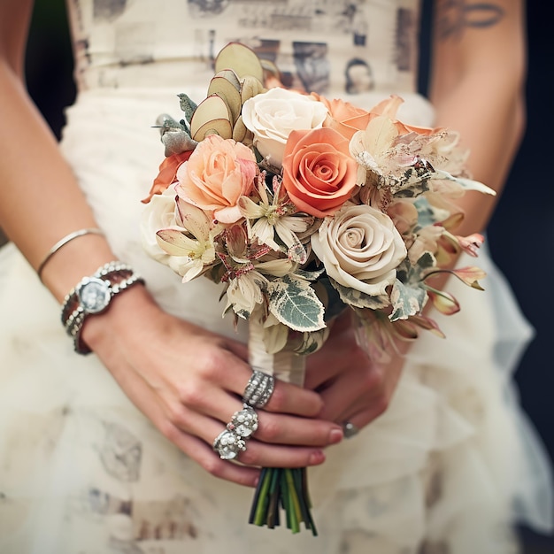 La mano de la novia con el ramo se ve encantadoramente elegante