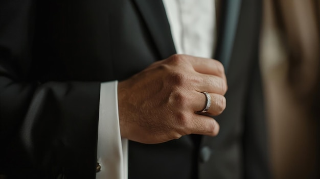 La mano del novio con el anillo de bodas sobre el atuendo formal