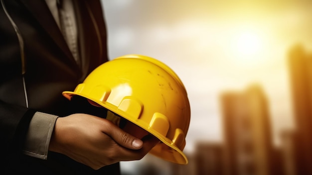 La mano o el brazo del ingeniero sostiene un casco de plástico amarillo para un trabajador Concepto del Día del Trabajo