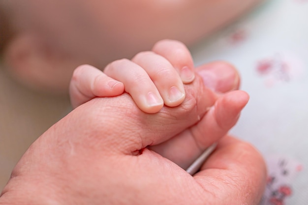 La mano de los padres sostiene la mano del niño.