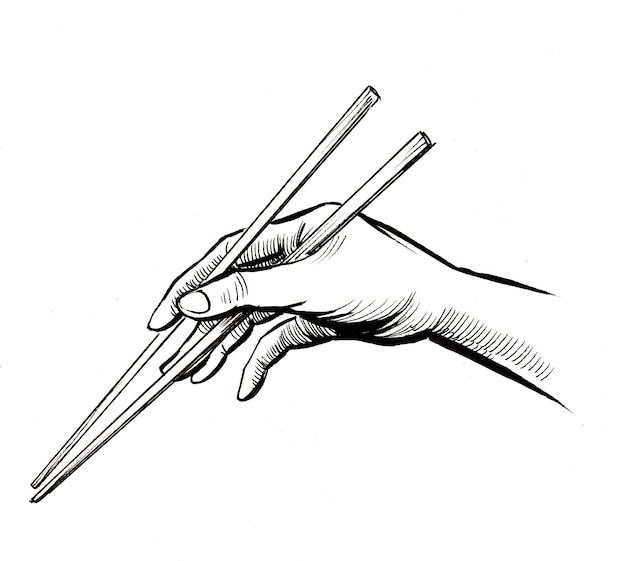 mano con palillos. Dibujo a tinta en blanco y negro