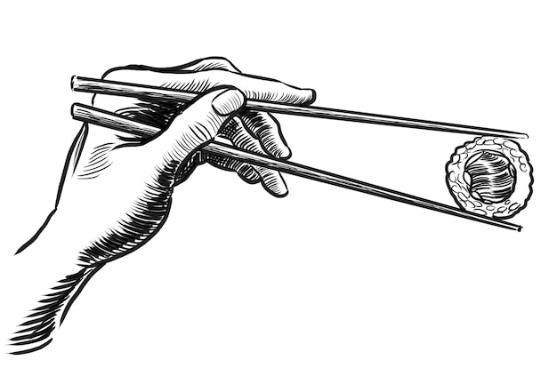 Mano con palillos sosteniendo un rollo de sushi Dibujado a mano en blanco y negro