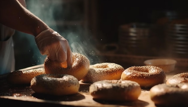 La mano del panadero amasa masa fresca para pan casero generado por IA