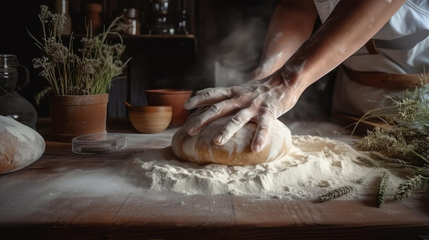 Mano de panadero amasando para hacer pan