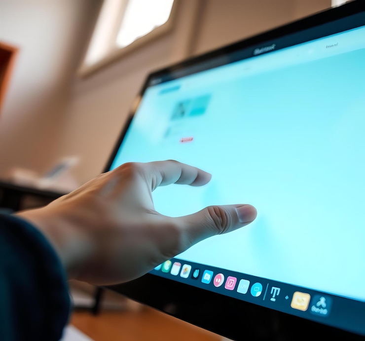 Foto la mano en la pantalla de la computadora
