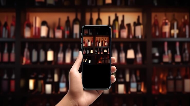 Mano con pantalla de teléfono inteligente en blanco un telón de fondo de vino Ai generativo