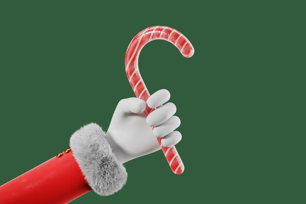 Foto la mano de papá noel en abrigo rojo con piel sosteniendo un bastón de caramelo en un fondo verde renderización 3d