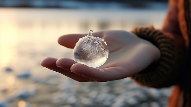 con la mano un pedazo de hielo