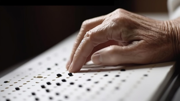 Mano de una persona ciega leyendo un texto en braille tocando el relieve Ai generativo