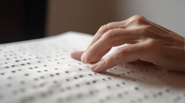 Foto mano de una persona ciega leyendo un texto en braille tocando el relieve ai generativo