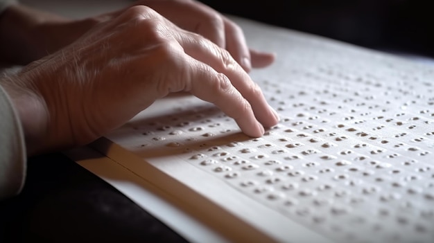 Mano de una persona ciega leyendo un texto en braille tocando el relieve Ai generativo