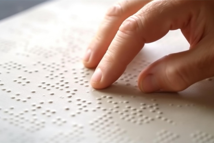 Mano de una persona ciega leyendo un texto en braille tocando el relieve