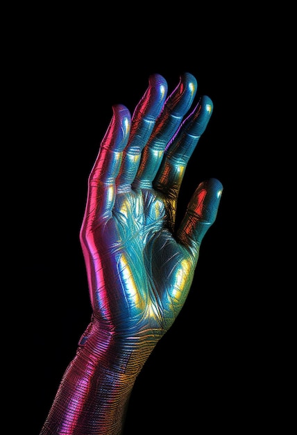 Foto la mano de una persona con una mano de color arco iris pintada en colores.