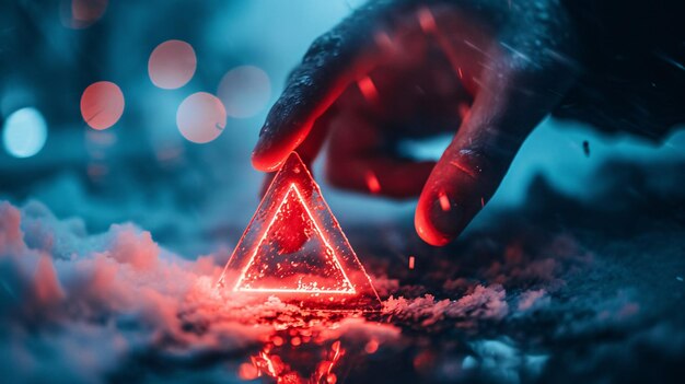 Foto una mano de persona mostrando un signo de precaución triangular rojo para la notificación de mantenimiento que destaca la idea de error y peligro