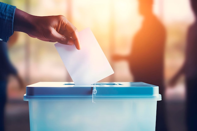 Foto la mano de una persona que emite un voto en la urna durante las elecciones