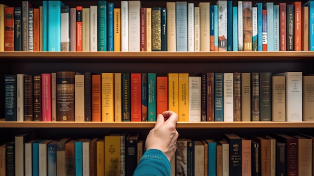 Foto la mano de la persona selecciona y saca un libro de una estantería