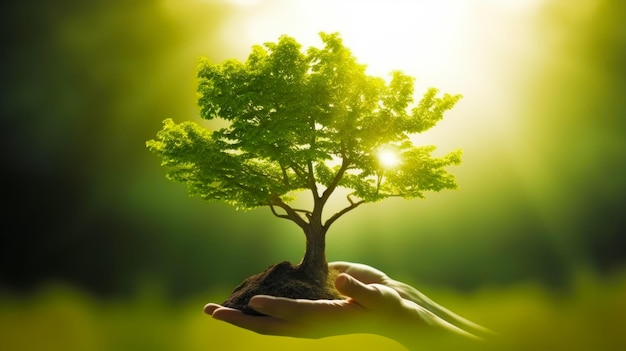 Mano de una persona sosteniendo un árbol pequeño encima de un montículo de tierra IA generativa