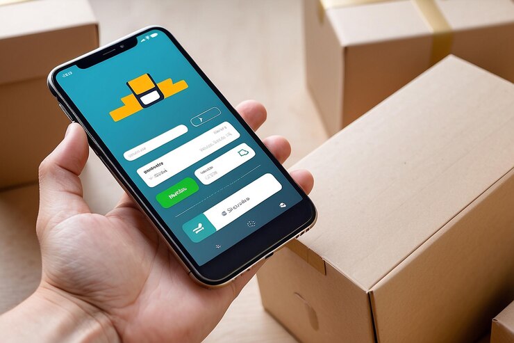 Foto la mano de una persona con un teléfono móvil y una caja en el fondo