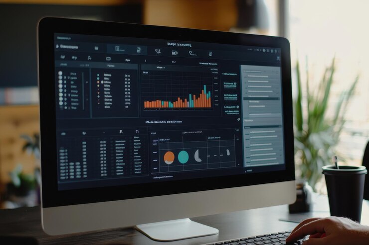 Foto la mano de una persona utiliza un teclado de computadora para analizar los datos en un monitor en una oficina moderna