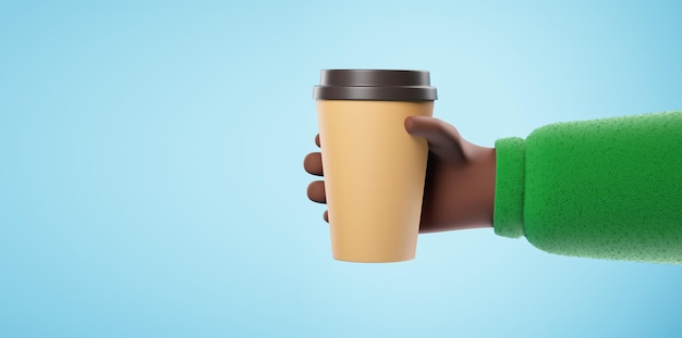 Mano de personaje afroamericano negro de dibujos animados en camisa verde sostenga una taza de café de papel sobre fondo azul