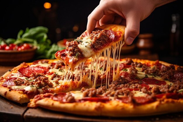 Una mano de personas alcanzando una rebanada de pizza de carne de una mesa de buffet