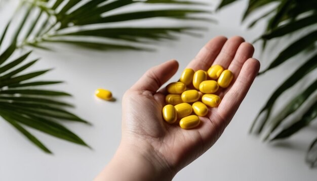 Una mano con una pila de pastillas amarillas