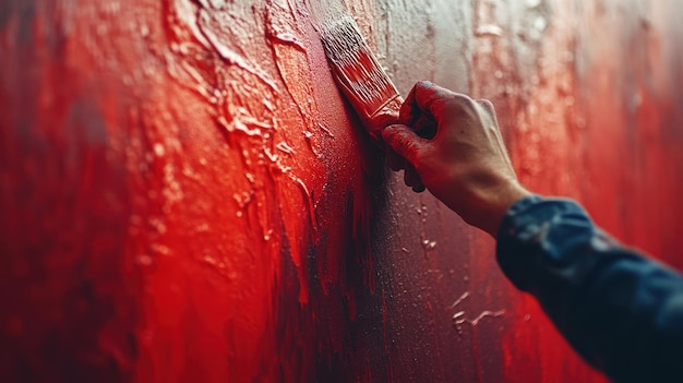 Una mano con un pincel aplicando pintura roja a un lienzo