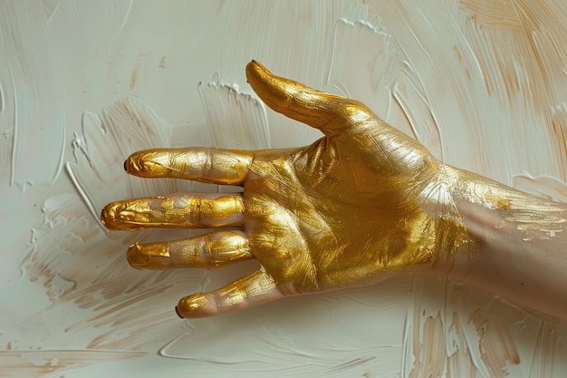 Foto la mano está en pintura acrílica dorada la pintura cubre la mano como un guante de látex sobre un fondo claro