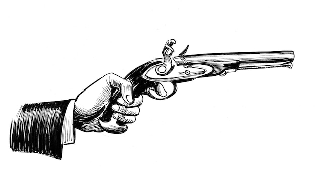 Mano con una pistola de duelo. Dibujo a tinta en blanco y negro