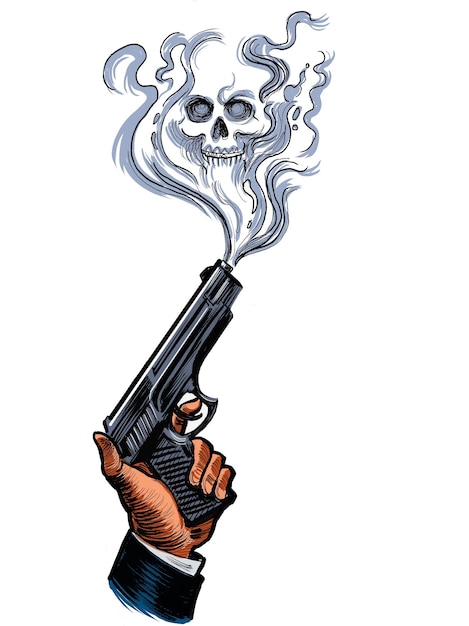 Mano con una pistola humeante Ilustración dibujada a mano