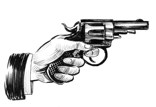 Mano con una pistola de revólver. Dibujo a tinta en blanco y negro