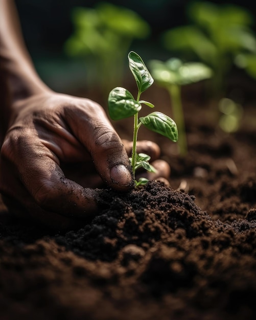 Mano planta semillas y las cultiva en la naturaleza IA generativa